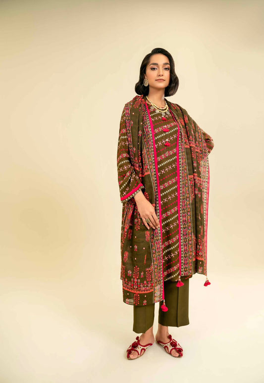 Nishat Unstitched 3 Piece - Printed Khaddar Suit with Wool Shawl