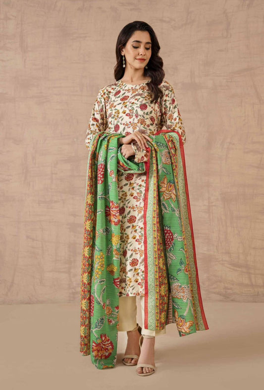 Nishat Unstitched 3 Piece - Printed Khaddar Suit with Wool Shawl