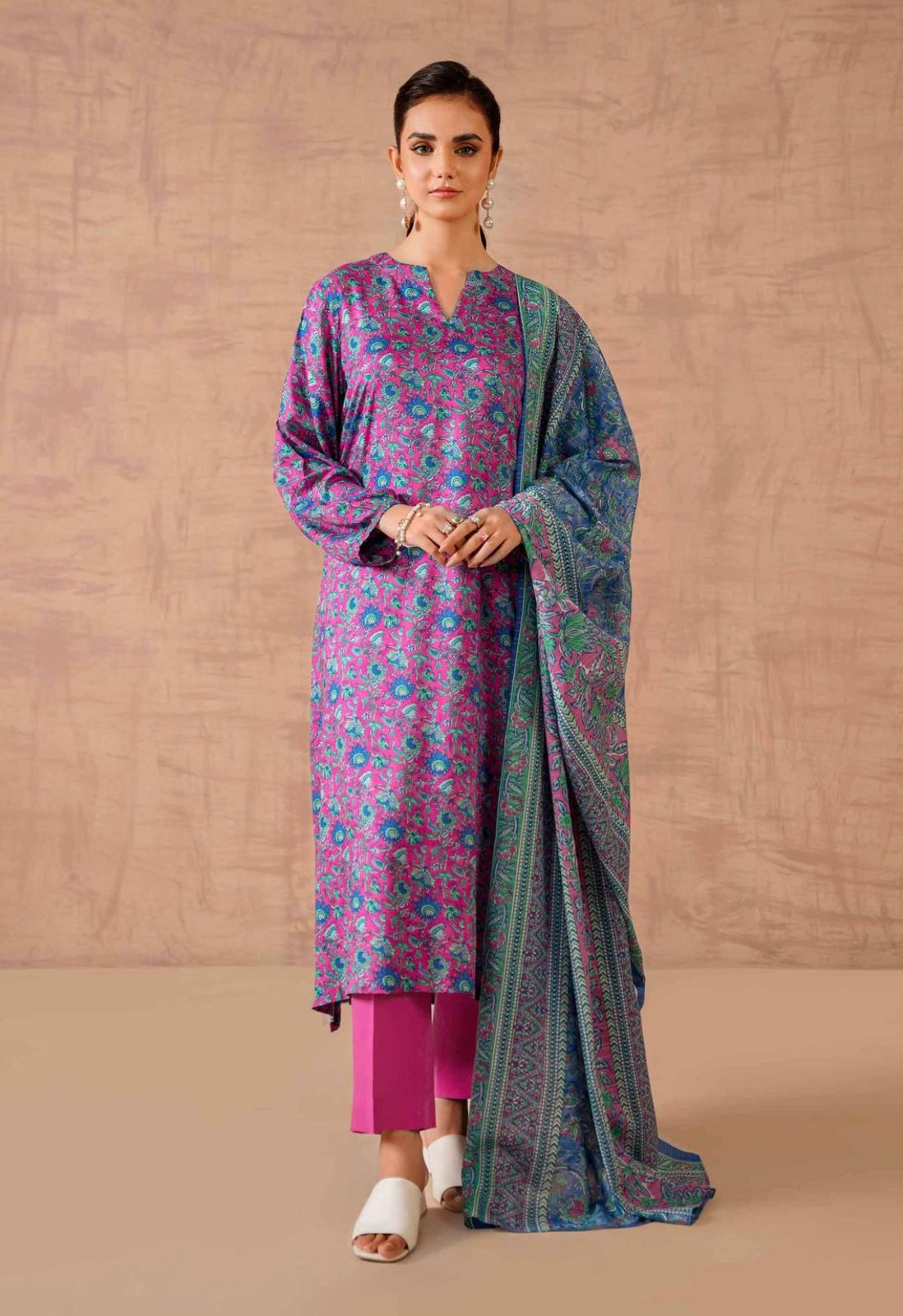 Nishat Unstitched 3 Piece - Printed Khaddar Suit with Wool Shawl