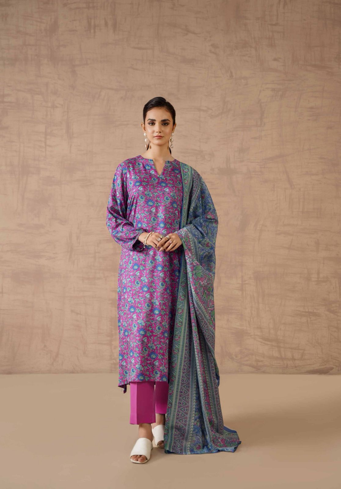 Nishat Unstitched 3 Piece - Printed Khaddar Suit with Wool Shawl